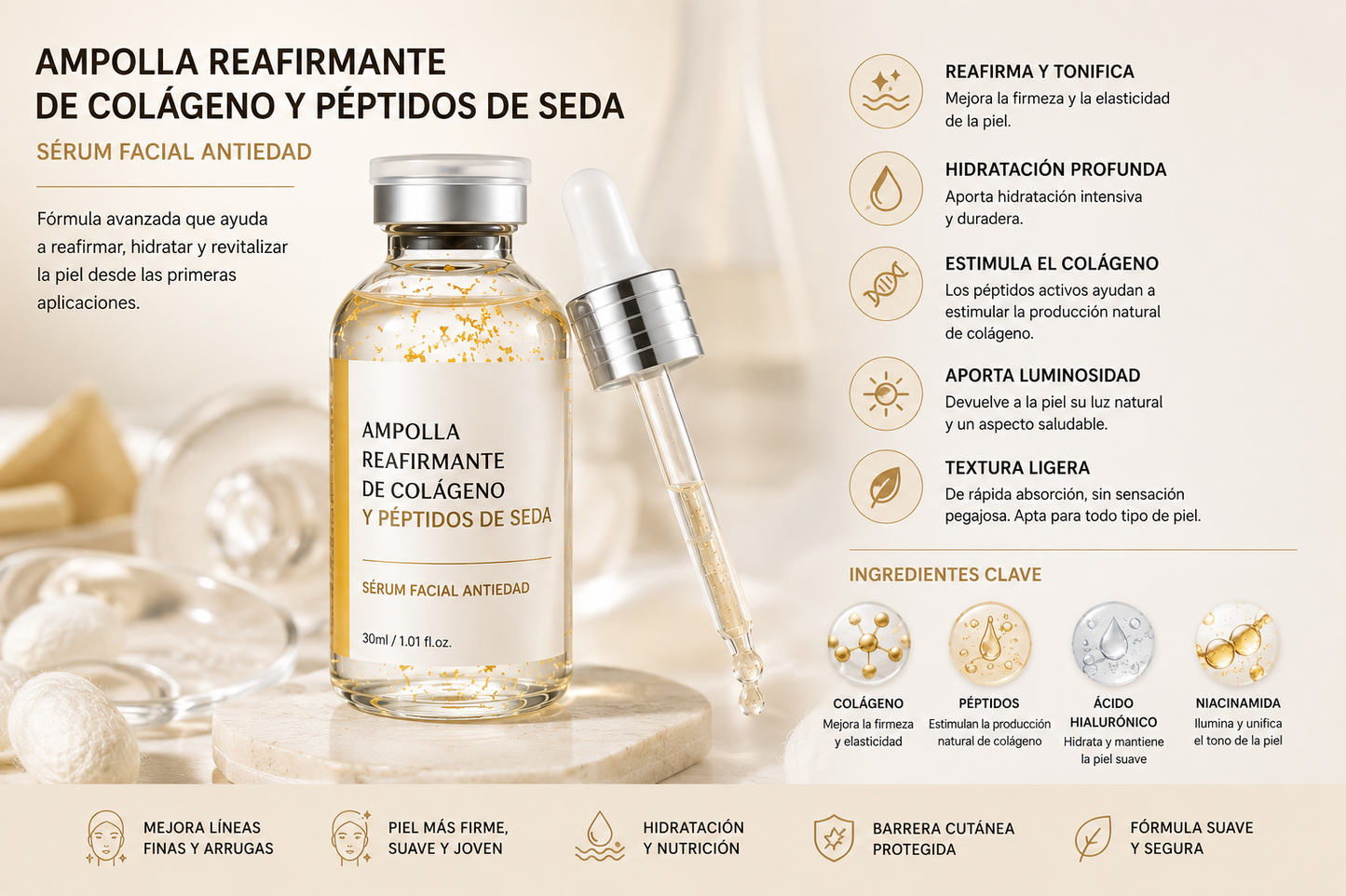 Ampolla Reafirmante de Colágeno y Péptidos de Seda | Sérum Facial Antiedad Glowvera™